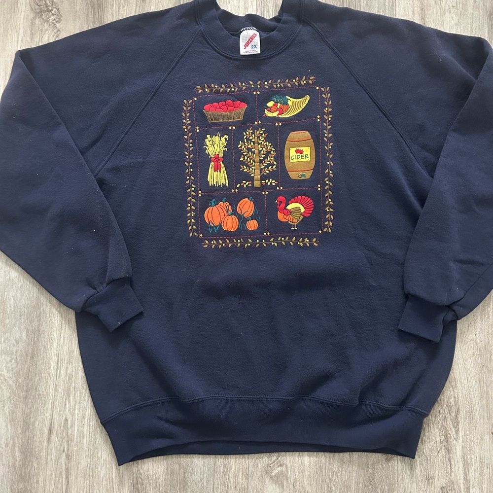 Jerzees Navy Crewneck Sweatshirt with Harvest‎ Fall Autumn Motif